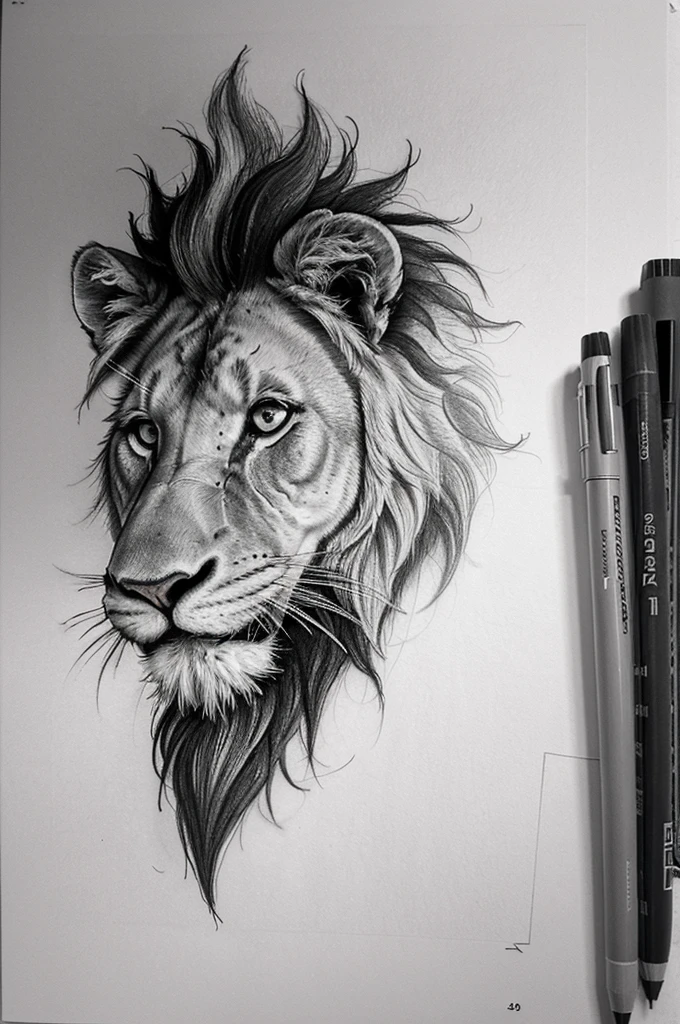 Close-up of a drawing of a lion with a heart, 2D lion in full growth, realistic tattoo drawing, realism Tattoo sketch, Tattoo sketch, Tattoo sketch, High-quality sketch, realism design tattoos, design tattoos sketch, black and white detailed sketch, ink, ✏️🎨, high detail drawing, design tattoos, medium sized Tattoo sketch