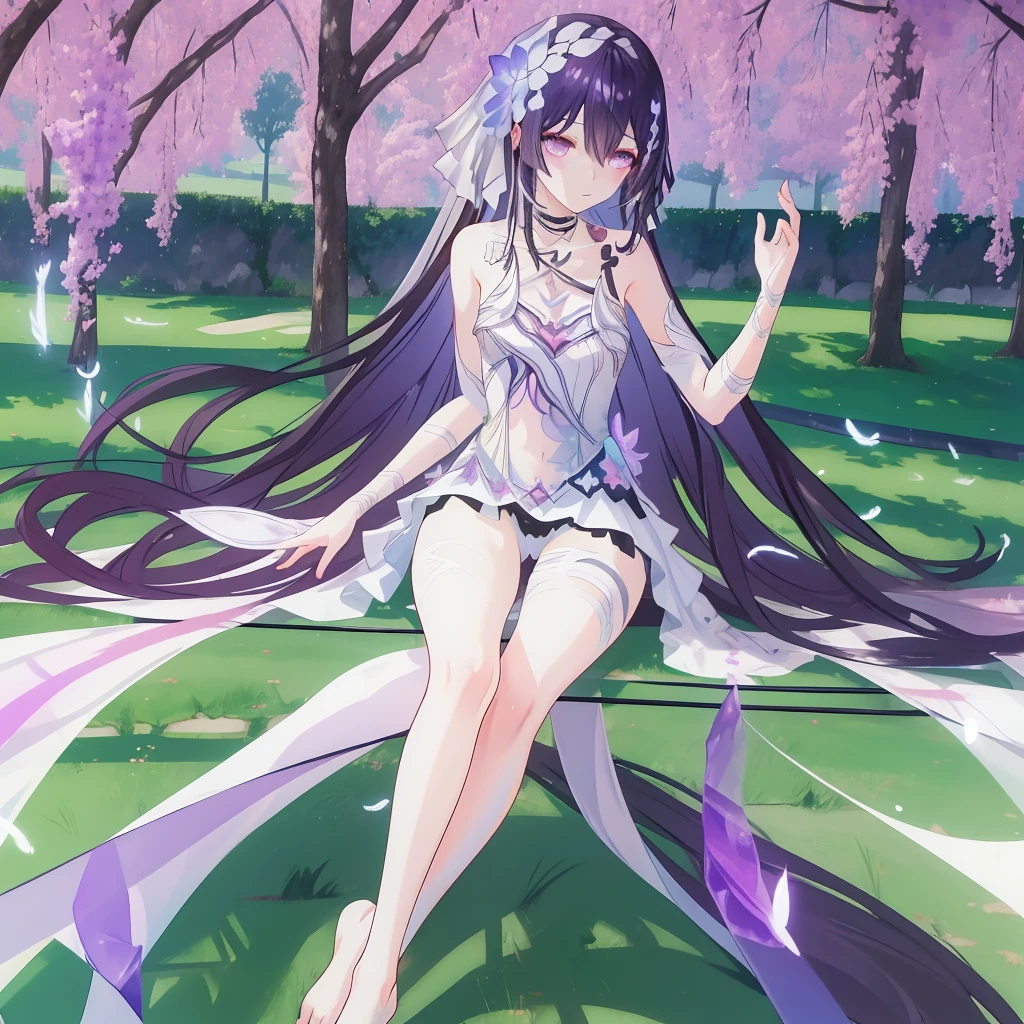 ((A far view)) of a anime girl, (sitting on a grassfield), cinematic light, slim body with curves, skin perfectly white, soft, and smooth, Extremely delicate and beautiful CG illustration, best quality, high resolution, dynamic angle, full-length lens, (1 girl), soft light, high-key lighting), glowing light, purple aura, feathers fluttering background, purple crystal, black long hair, barefoot