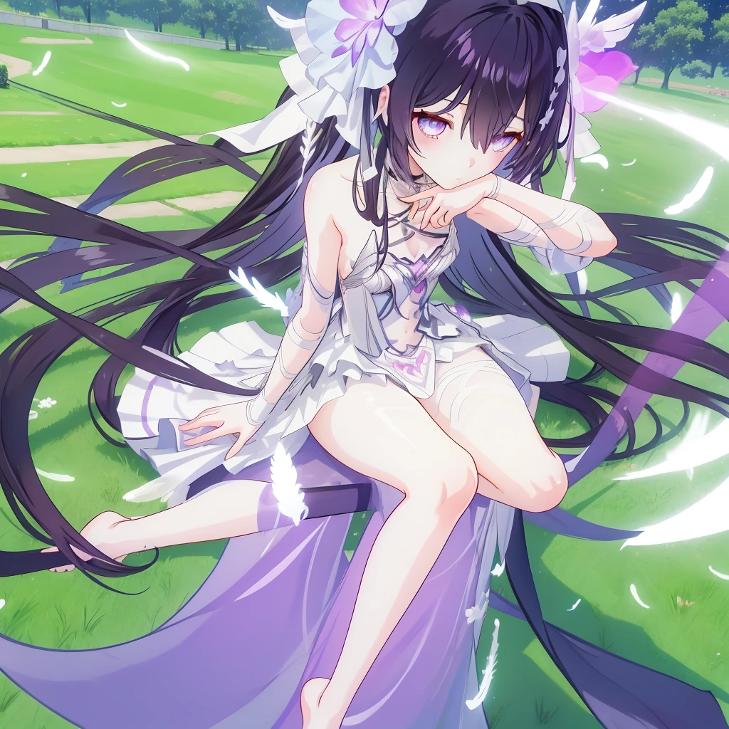 ((A far view)) of a anime girl, (sitting on a grassfield), cinematic light, slim body with curves, skin perfectly white, soft, and smooth, Extremely delicate and beautiful CG illustration, best quality, high resolution, dynamic angle, full-length lens, (1 girl), soft light, high-key lighting), glowing light, purple aura, feathers fluttering background, purple crystal, black long hair, barefoot