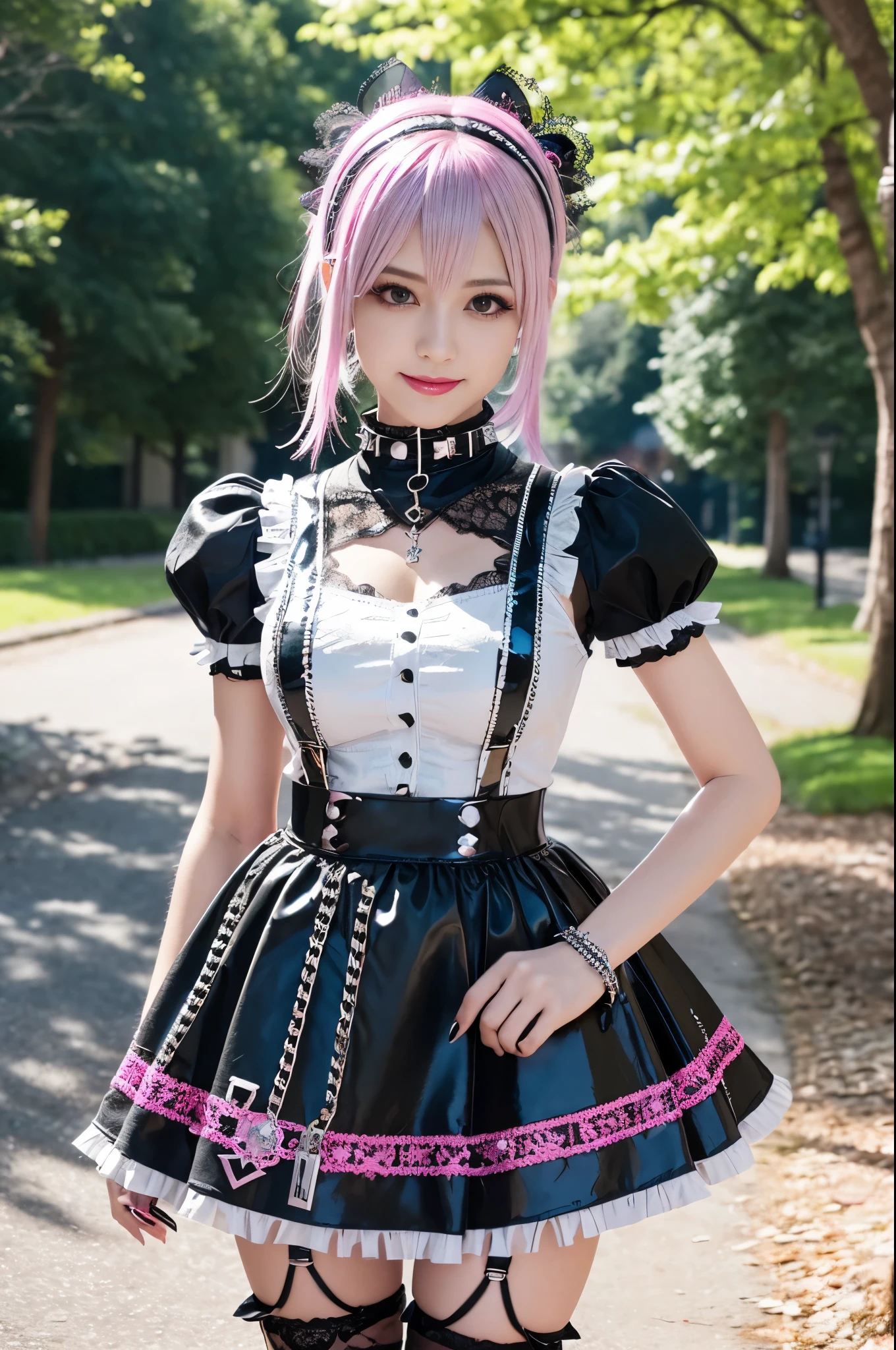 sexy stylish Swedish model, only 1 female, ((doll-like appearance)), very short neon pink stylish hair, ((shiny Punk-Style boots)), (happy smile), ultra detailed eyes, long lashes, metallic makeup, lip-gloss, ((sexy Punk Lolita cosplay)), unconventional skirt, petticoats, high neckline, ((ultra detailed lace)), ((ultra detailed embroidery)), intricate details, tartan patterns, (silver chains), (silver spikes), Punk Lolita accessoires, Punk Lolita choker, ((large sparkling Punk Lolita jewelry)), cinematic light, detailed large park background with trees