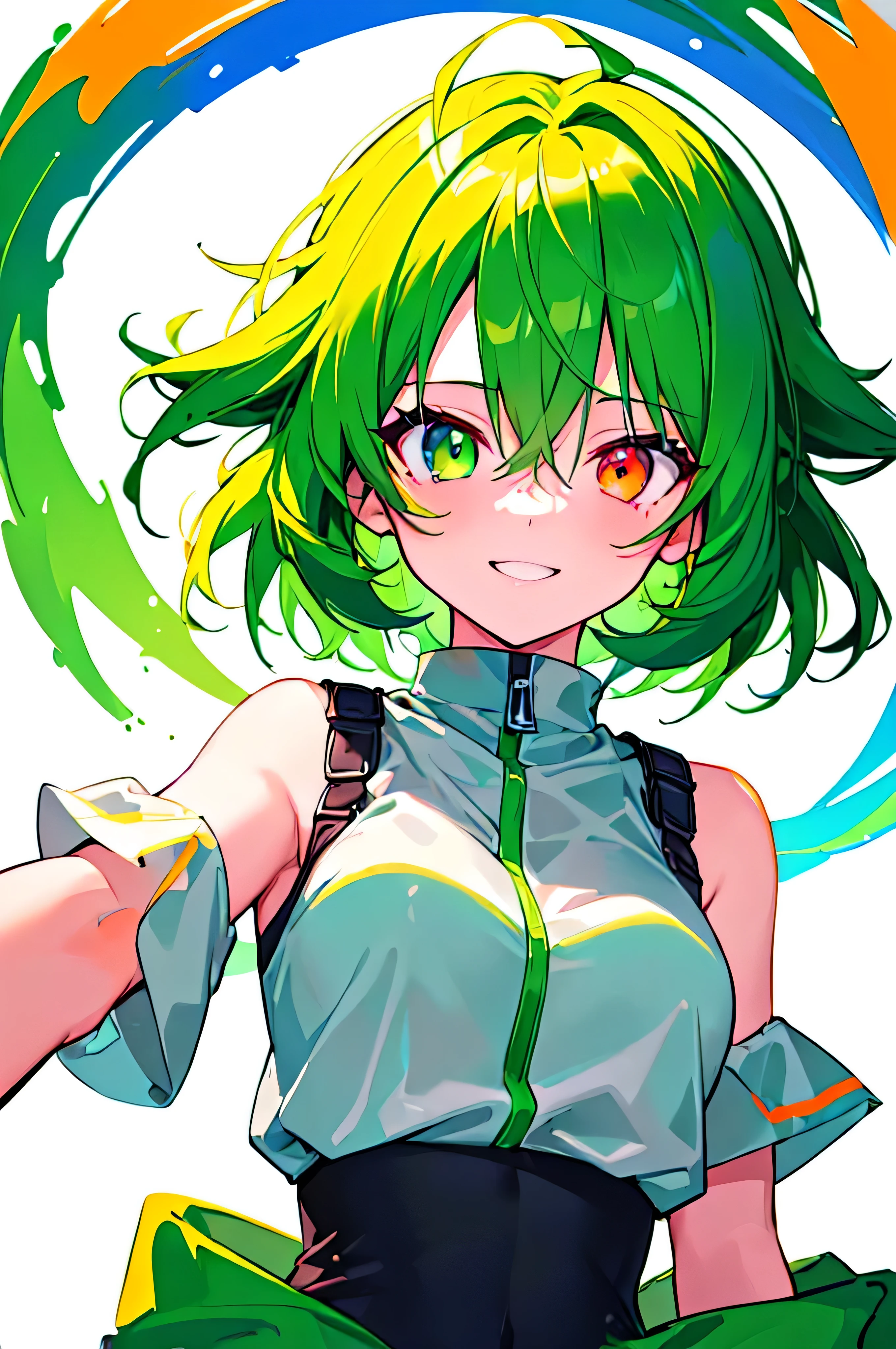 [(WHITE BACKGROUND:1.5),::5], ((((masterpiece)))), high quality, very_high_resolution, large_filesize, full color, ((girl)), 15 old year, (short neon orange and green two gradation hair), short hair, vivid color, neon blue and green heterochromic eye, civilian clothes white, anime, smile, 