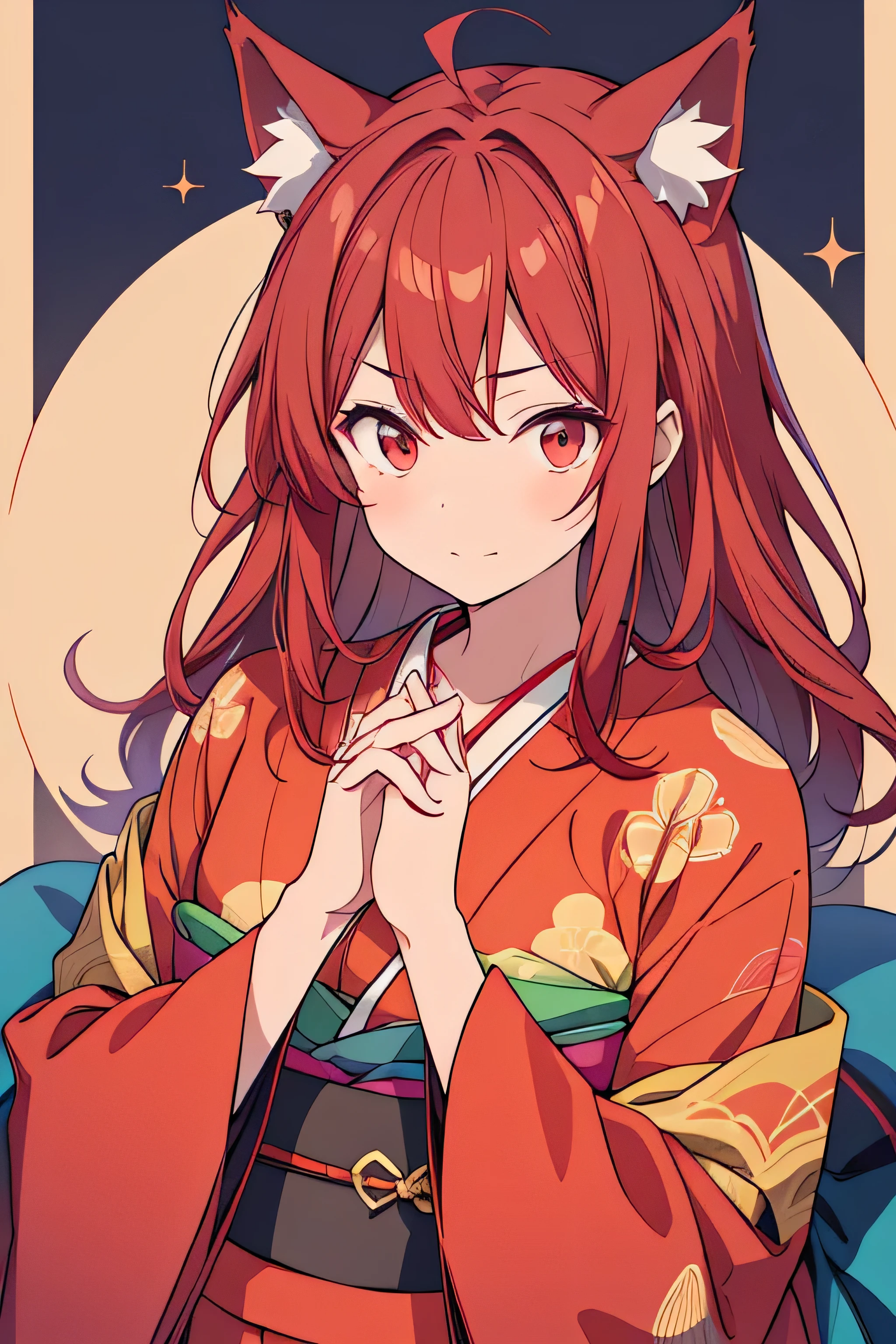 A high school boy with red hair, wolf ears, and a kimono clasping his hands together