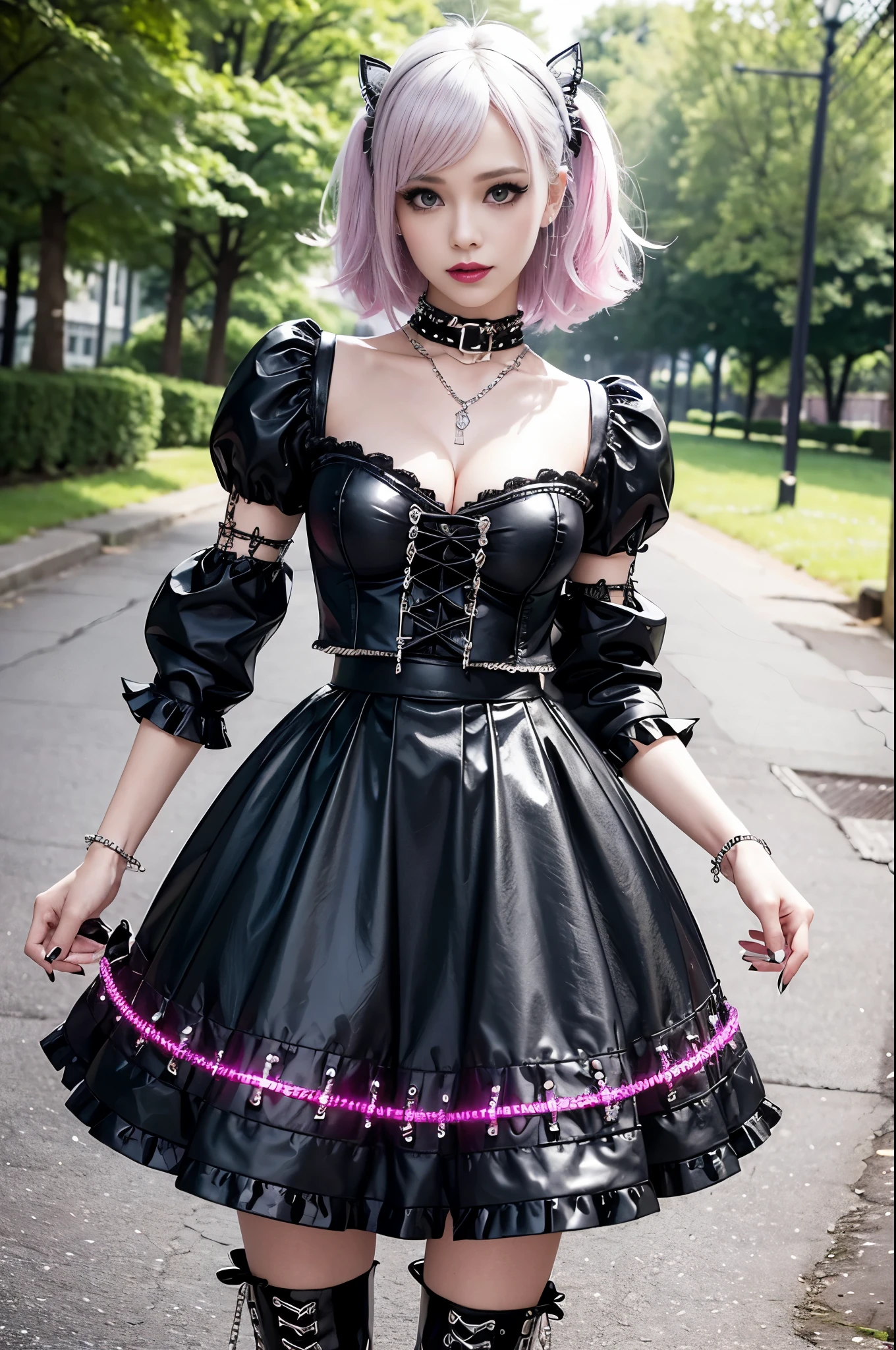 sexy stylish Swedish model, only 1 female, ((doll-like appearance)), very short neon pink stylish hair, ((shiny Punk-Style boots)), (beautiful smile), ultra detailed eyes, Punk makeup, lipgloss, ((sexy Punk Lolita cosplay)), unconventional skirt, petticoats, high neckline, ((ultra detailed lace)), ((ultra detailed embroidery)), intricate details, tartan patterns, (silver chains), (silver spikes), (safety pins), Punk Lolita accessoires, Punk Lolita choker, ((large sparkling Punk Lolita jewelry)), cinematic light, detailed large park background with trees