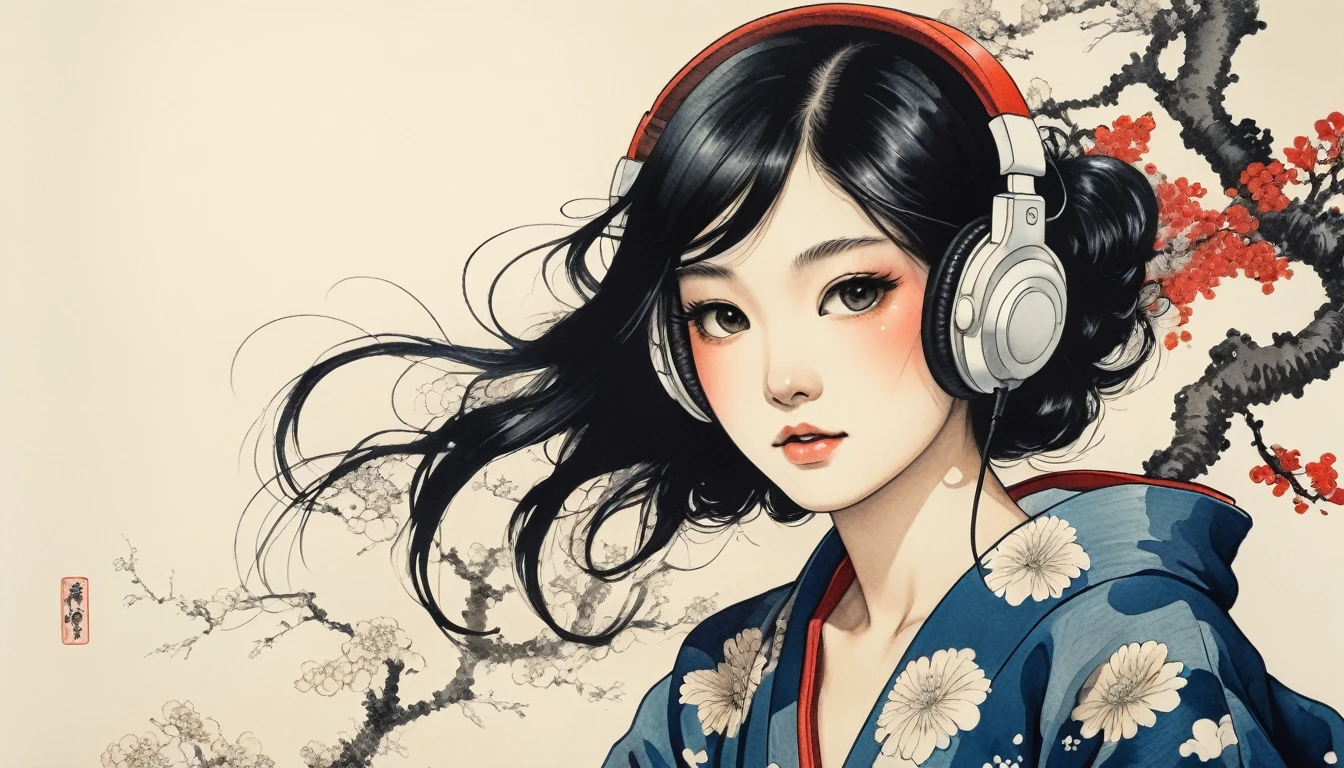 (((sunglasses))), (((TATOO on the face))), (((Highest quality))), Katsushika Hokusai, Ink Painting, (((1 girl))), Japanese style headphones, beautiful girl, Black Hair, Delicate and precise, Modern ukiyo-e style, Japan
