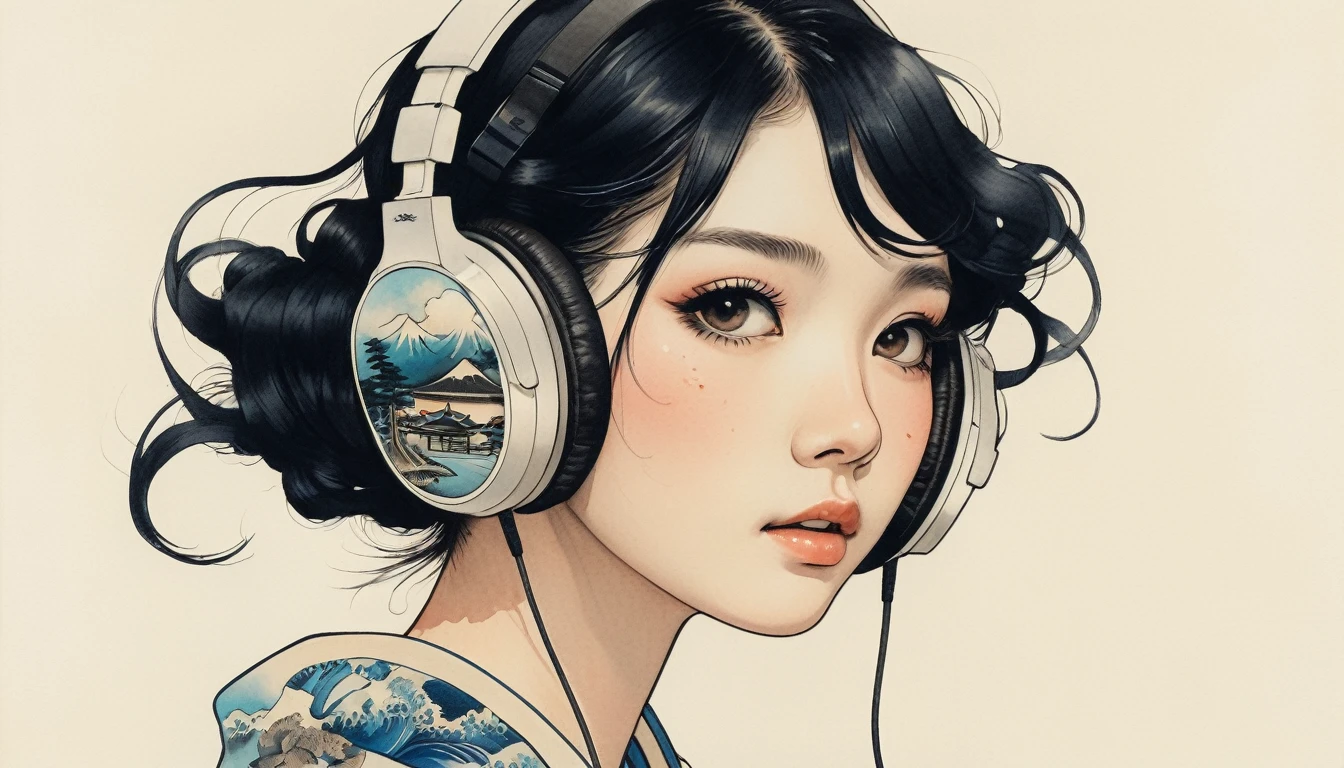 (((sunglasses))), (((TATOO on the face))), (((Highest quality))), Katsushika Hokusai, Ink Painting, (((1 girl))), Japanese style headphones, beautiful girl, Black Hair, Delicate and precise, Modern ukiyo-e style, Japan