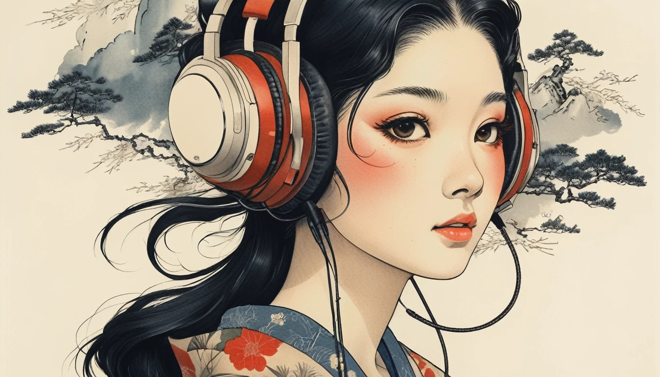 (((sunglasses))), (((TATOO on the face))), (((Highest quality))), Katsushika Hokusai, Ink Painting, (((1 girl))), Japanese style headphones, beautiful girl, Black Hair, Delicate and precise, Modern ukiyo-e style, Japan