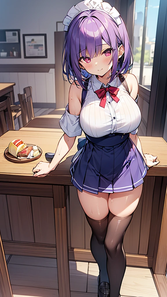 最high quality, high quality, Super detailed, 32k, Ultra-detailed details, waitress(only, Standing, pretty girl, beautiful purple hair, short hair, Beautiful RED eyes, mature, Big Breasts, A light smile, Off-the-shoulder sleeveless Summer メイド服, Summer casual maid clothes, Short skirt, Blue and white color striped underwear, Black knee socks, loafers, My crotch is wet with love juice, 18-year-old,cute), {{A succubus disguised as a waitress approached the target man's sister, peeled off the skin of the sister's face, and stuck it on her own face, becoming the waitress succubus's face., The hem of her skirt is lifted high, exposing her underwear}}, She has transformed from a shy maid into a lewd one., A maid with her sister's face stuck on her face is vigorously pistoning her body, A maid who moves her body vigorously without caring if her breasts bounce, Super detailed, indoor, Full body image, ((Head to Toe:1.3)), NSFW