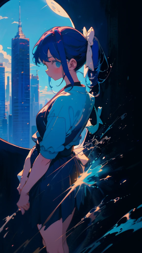 Blue-haired side ponytail,Design clothing,Seven-doppelganger shot,Anime style 4K,Anime girl with teal hair,High quality anime art style,Standing painting,Splash ink background,Blue Themes、Pure white background,Buildings,Face close-up,Buildings,Moon and sun、