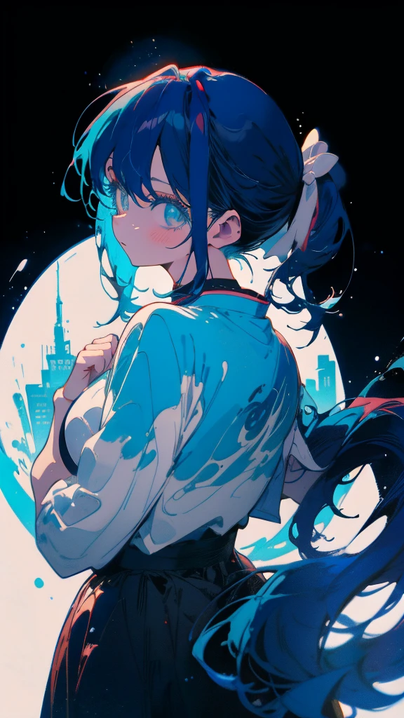 Blue-haired side ponytail，Design clothing，Seven-doppelganger shot，Anime style 4K，Anime girl with teal hair，High quality anime art style，Standing painting，Splash ink background，Blue Themes、Pure white background,Buildings,Face close-up,Buildings,Moon and sun、