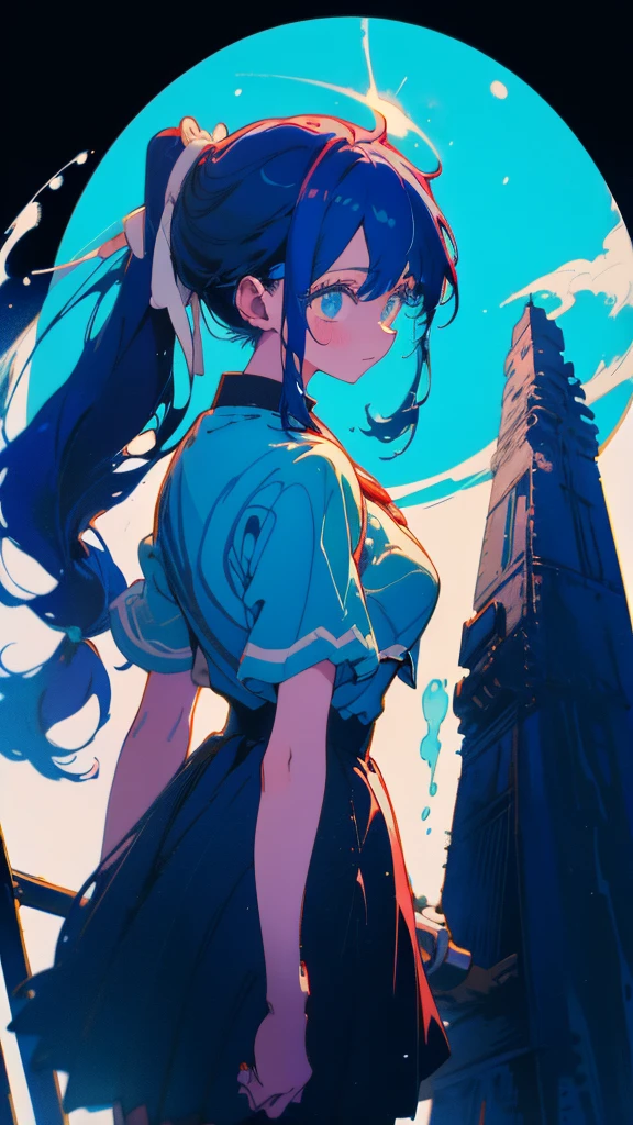 Blue-haired side ponytail,Design clothing,Seven-doppelganger shot,Anime style 4K,Anime girl with teal hair,High quality anime art style,Standing painting,Splash ink background,Blue Themes、Pure white background,Buildings,Face close-up,Buildings,Moon and sun、