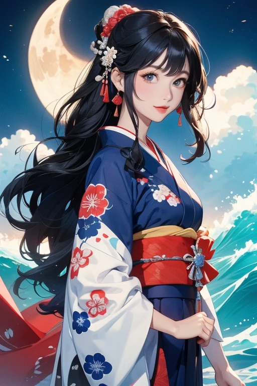 (Highest quality、masterpiece、High resolution、8K)、Ukiyo-e、Vibrant colors、Katsushika Hokusai、1 female、Long Black Hair、The kimono has a vivid floral pattern on a white background.、White waves and Mt. Fuji、Reddish Fuji、White waves, the moon and a woman、White waves, a boat and a woman、White waves, a woman and a seagull、Official Art、背景はUkiyo-e風