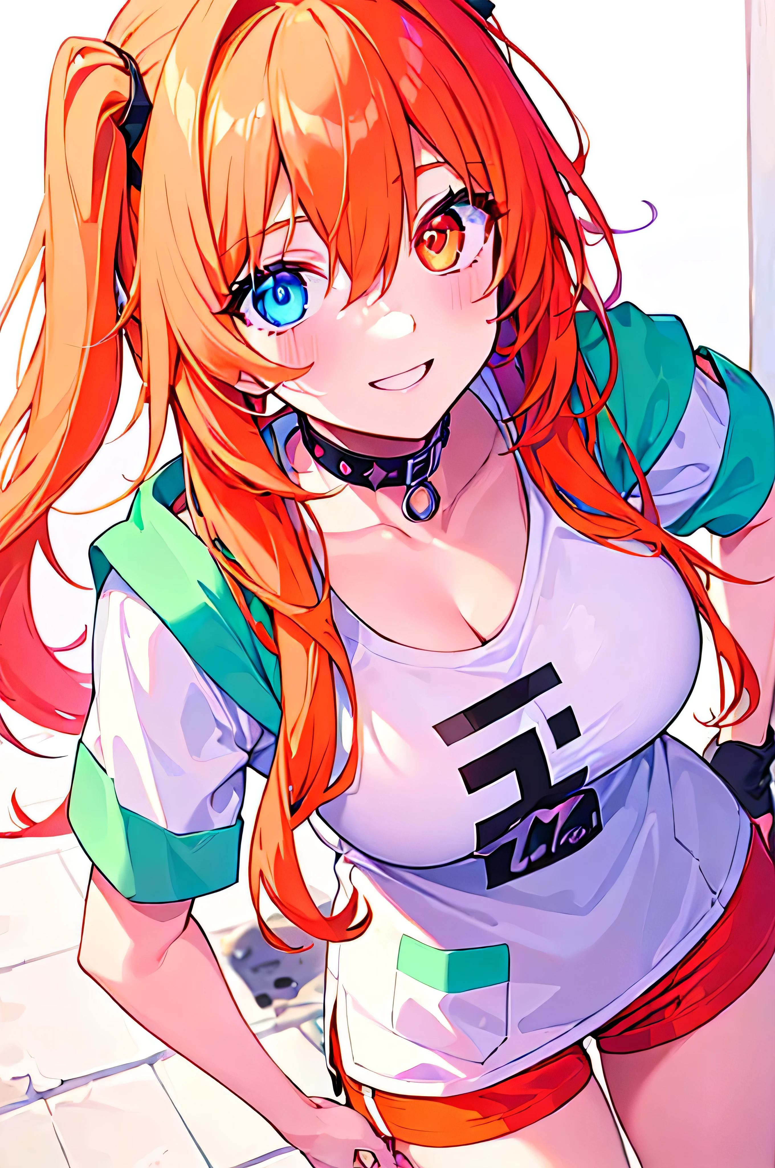 [(WHITE BACKGROUND:1.5),::5], ((((masterpiece)))), high quality, very_high_resolution, large_filesize, full color, ((girl)), 15 old year, (short neon orange and pink gradation hair), spiked long hair, vivid color, neon blue and green heterochromic eye, civilian clothes white, anime, smile, 