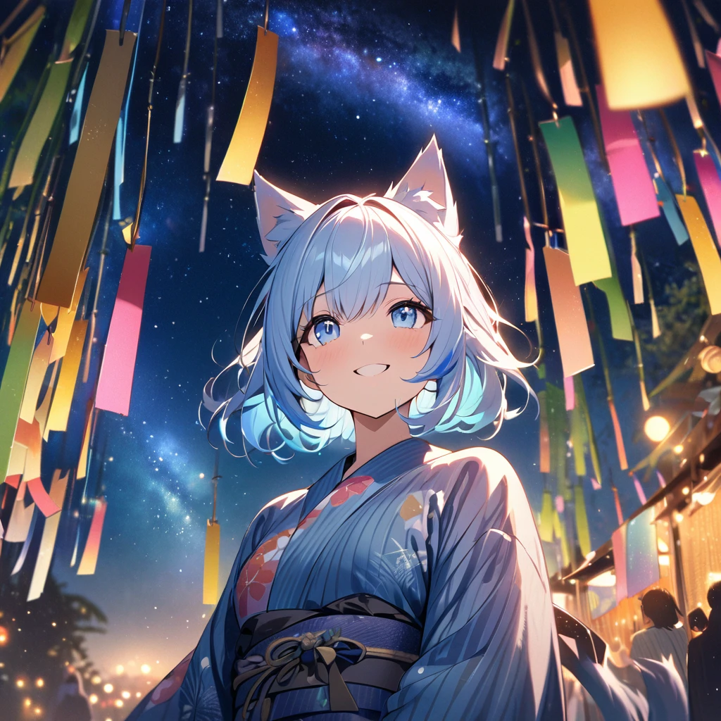 Best quality, masterpiece, Wishing Girl,light blue hair,blue eyes,wolf cut hair,cat ear,smile, looking up at the sky, yukata, Milky Way, night view, Tanabata Festival, large tall bamboos and colorful hanging decoration,gold light particles effect