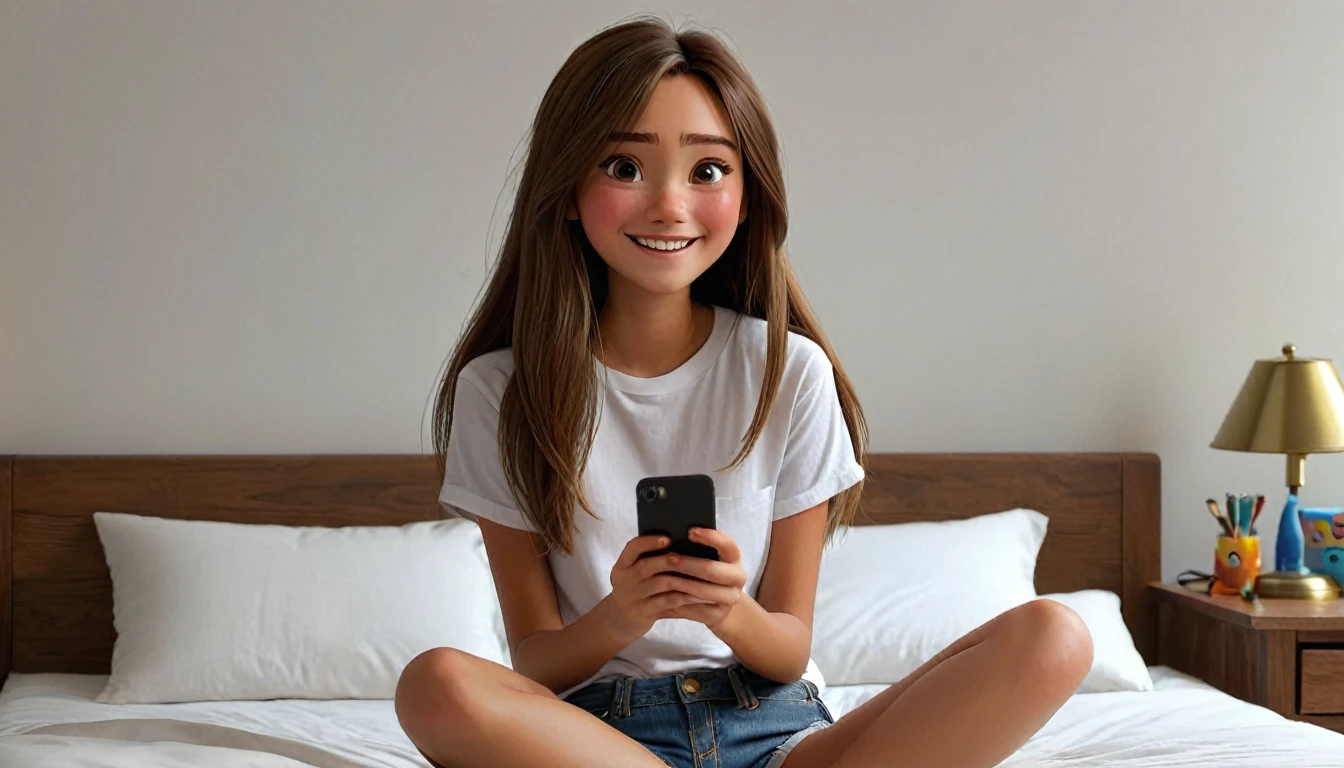 ((masterpiece, best quality)), award winning, 4k, 8k, simple background, photography, visible face, (one girl), 20 years old, cheerful and playful demeanor. She has long, straight hair, a simple white plain t-shirt and denim shorts, sitting pose, in bed, holding ((one)) iphone, black color, typing. Perfect hands. Perfect fingers. Detailed fingers. Beautiful fingers. ((Pixar Character.))
