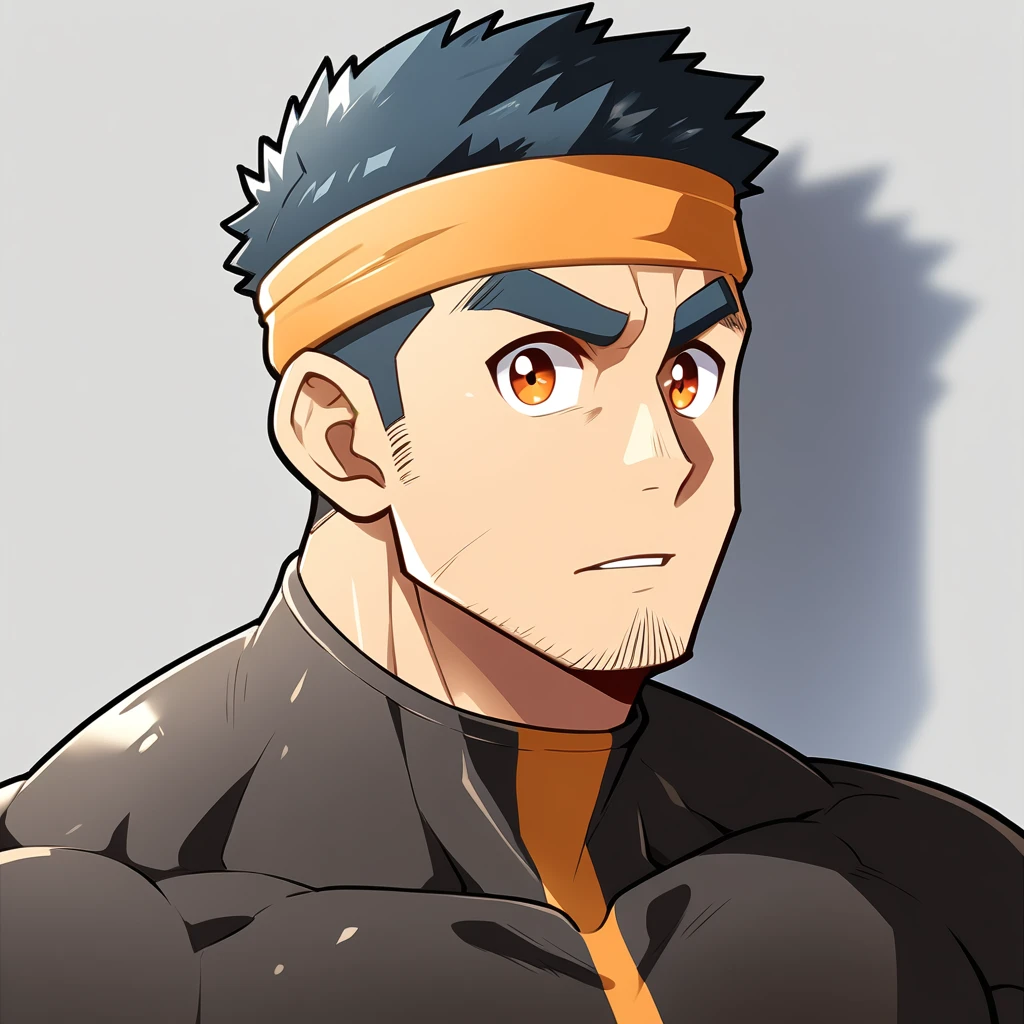 anime characters:Gyee, Muscle Sports Student, Manliness, sports headband, male focus, Cute boy with big eyes, Brown high collar long sleeve tight T-shirt, Slightly transparent material, Very tight, Round, full and perky chest muscles, Slightly transparent, muscular male, muscular, only, Upper body, alone, Black short hair, Thick eyebrows, stubble, Cute little eyes, Brown-red pupils, Grey background, simple background, amazing quality, best aesthetics, Ridiculous, crew cut, parted lips, v-shaped eyebrows, jitome, drop shadow, best quality