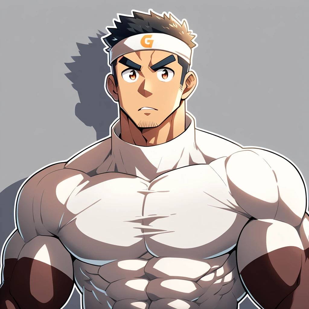 anime characters：Gyee, Muscle Sports Student, Manliness, sports headband, male focus, Cute boy with big eyes, Brown high collar long sleeve tight T-shirt, Slightly transparent material, Very tight, Round, full and perky chest muscles, Slightly transparent, muscular male, muscular, only, Upper body, alone, Black short hair, Thick eyebrows, stubble, Cute little eyes, Brown-red pupils, Grey background, simple background, amazing quality, best aesthetics, Ridiculous, crew cut, parted lips, v-shaped eyebrows, jitome, drop shadow, best quality