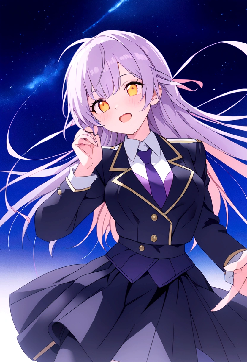Purple Hair,Anime girl in black and pink outfit with spikes, best anime 4k , Gwaiz, Detailed digital anime art, Cute girl anime visuals, 輝くYellow Eyes, artwork in the style of Gwaiz, Anime Style 4 k, Anime Style. 8K,masterpiece,Ultra-realistic,32k,非常に詳細な CG ユニティ 8K 壁紙, Highest quality, 1 Girl,20-year-old, whole body, Fallen, In the sky, (cloudy:1.1), Lofi Color, Neon color,Dynamic vibes,Yellow Eyes,Purple Hair,