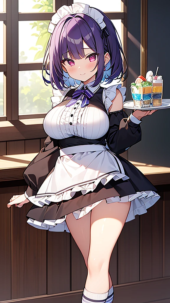 最high quality, high quality, Super detailed, 32k, Ultra-detailed details, , {{The succubus maid has the face of my sister}}, (only, Standing, pretty girl, beautiful purple hair, short hair, Beautiful RED eyes, mature, Big Breasts, A light smile, Off-the-shoulder sleeveless Summer cute maid outfit, Summer casual maid clothes, Short skirt, Blue and white color striped underwear, Black knee socks, loafers, She&#39;s holding 大きく up her skirt with both hands to show her underwear, 18-year-old,cute), A maid who moves her body vigorously without caring if her breasts bounce, Super detailed, indoor, maid Cafe, Full body image, ((Head to Toe:1.3)), NSFW