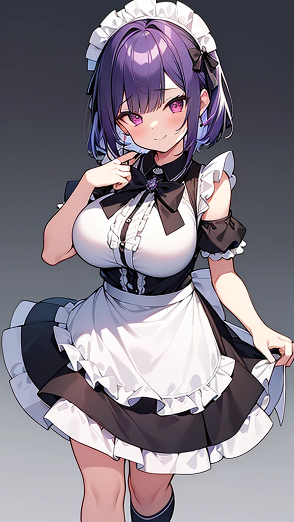 最high quality, high quality, Super detailed, 32k, Ultra-detailed details, , {{The succubus maid has the face of my sister}}, (only, Standing, pretty girl, beautiful purple hair, short hair, Beautiful RED eyes, mature, Big Breasts, A light smile, Off-the-shoulder sleeveless Summer cute maid outfit, Summer casual maid clothes, Short skirt, Blue and white color striped underwear, Black knee socks, loafers, She&#39;s holding 大きく up her skirt with both hands to show her underwear, 18-year-old,cute), A maid who moves her body vigorously without caring if her breasts bounce, Super detailed, indoor, maid Cafe, Full body image, ((Head to Toe:1.3)), NSFW