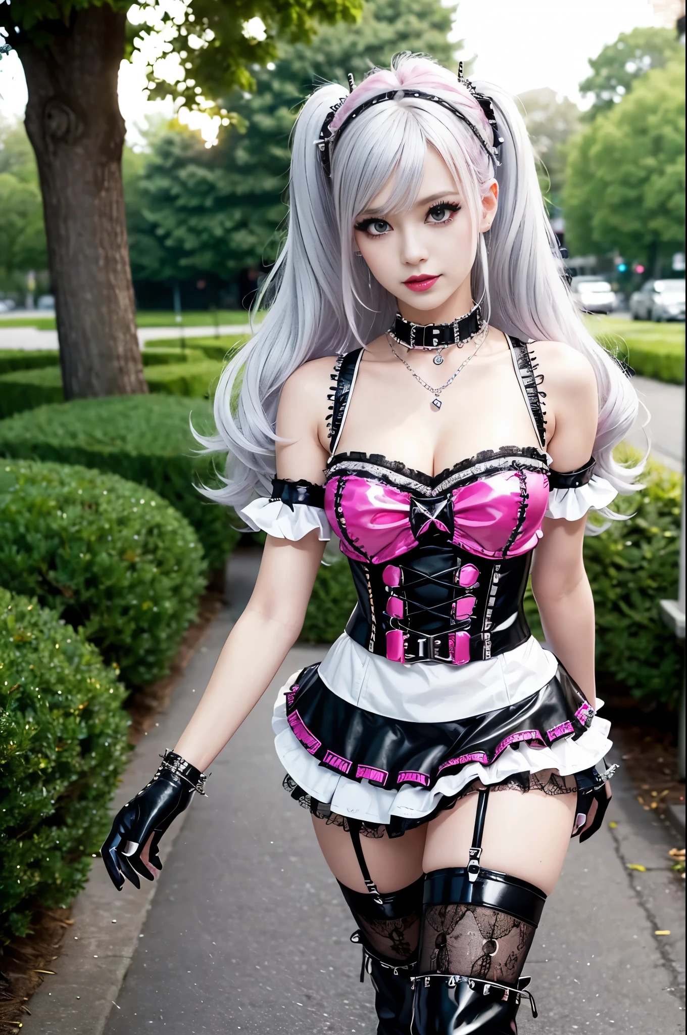 sexy stylish Swedish model, only 1 female, ((doll-like appearance)), very short neon pink stylish hair, ((shiny Punk-Style boots)), (beautiful smile), ultra detailed eyes, Punk makeup, lipgloss, ((sexy Punk Lolita cosplay)), unconventional skirt, petticoats, high neckline, ((ultra detailed lace)), ((ultra detailed embroidery)), intricate details, tartan patterns, (silver chains), (silver spikes), (safety pins), Punk Lolita accessoires, Punk Lolita choker, ((large sparkling Punk Lolita jewelry)), cinematic light, detailed large park background with trees