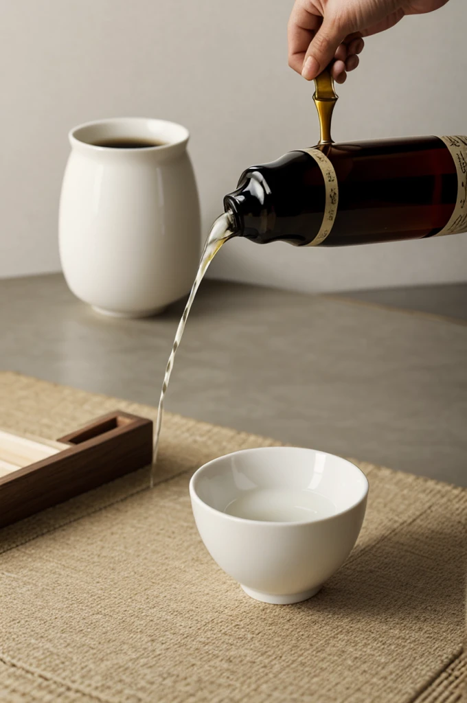 A stylish logo for Japanese sake delivery. Sake comes out of a luxurious sake bottle.、Stylish diagonal shot from the air、In a sake cup、A logo that looks like alcohol is being poured neatly. A very luxurious logo. A very cool, chic and modern design. The background is white.