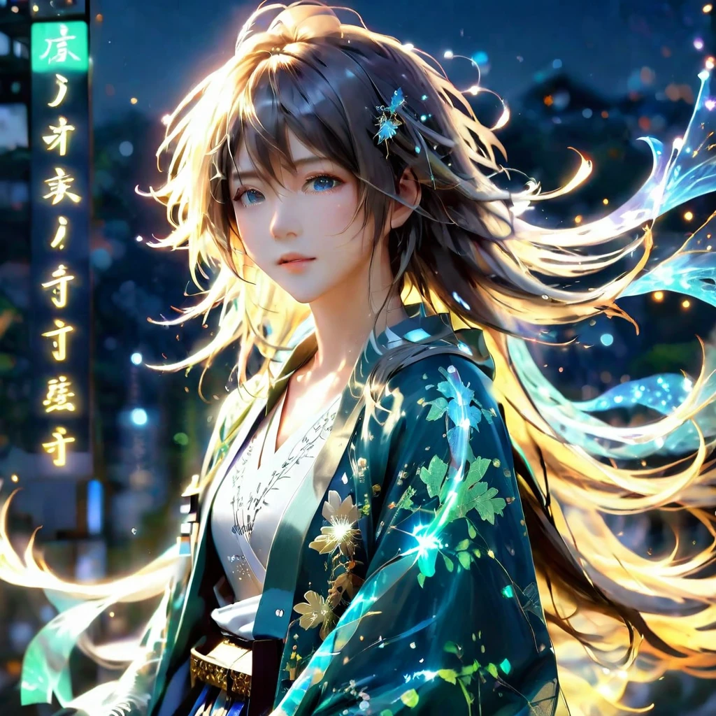 (masterpiece), (Highest quality), (good quality), Intricate details, Earrings, Ray Tracing, (light green kimono、Light blue semi-long hair　、Light blue-green medium-long hair　1.8 ), (Bokeh), (Depth of written boundary), Happi, ((Medium chest)), No makeup,Night Sky