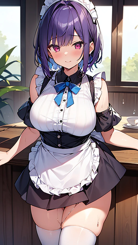 最high quality, high quality, Super detailed, 32k, Ultra-detailed details, waitress(only, Standing, pretty girl, beautiful purple hair, short hair, Beautiful RED eyes, mature, Big Breasts, A light smile, Off-the-shoulder sleeveless Summer メイド服, Summer casual maid clothes, Short skirt, Blue and white color striped underwear, Black knee socks, loafers, My crotch is wet with love juice, 18-year-old,cute), {{A succubus disguised as a waitress approached the target man&#39;s sister, peeled off the skin of the sister&#39;s face, and stuck it on her own face, becoming the waitress succubus&#39;s face., The hem of her skirt is lifted high, exposing her underwear}}, She has transformed from a shy maid into a lewd one., A maid with her sister&#39;s face stuck on her face is vigorously pistoning her body, A maid who moves her body vigorously without caring if her breasts bounce, Super detailed, indoor, Full body image, ((Head to Toe:1.3)), NSFW