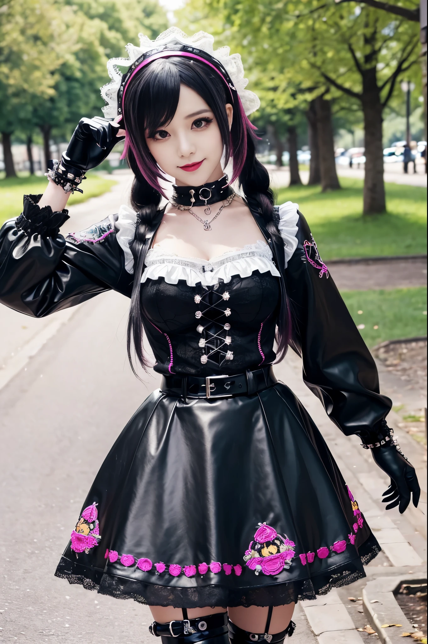 sexy stylish female model, only 1 female, ((doll-like appearance)), long stylish hair, ((shiny Punk-Style boots)), (happy smile), ultra detailed eyes, long lashes, metallic makeup, lip-gloss, ((sexy Punk Lolita cosplay)), unconventional skirt, petticoats, high neckline, ((ultra detailed lace)), ((ultra detailed embroidery)), intricate details, tartan patterns, safety pins, Punk Lolita accessoires, short black gloves, Punk Lolita choker, ((large sparkling Punk Lolita jewelry)), cinematic light, detailed sunny large park background with trees