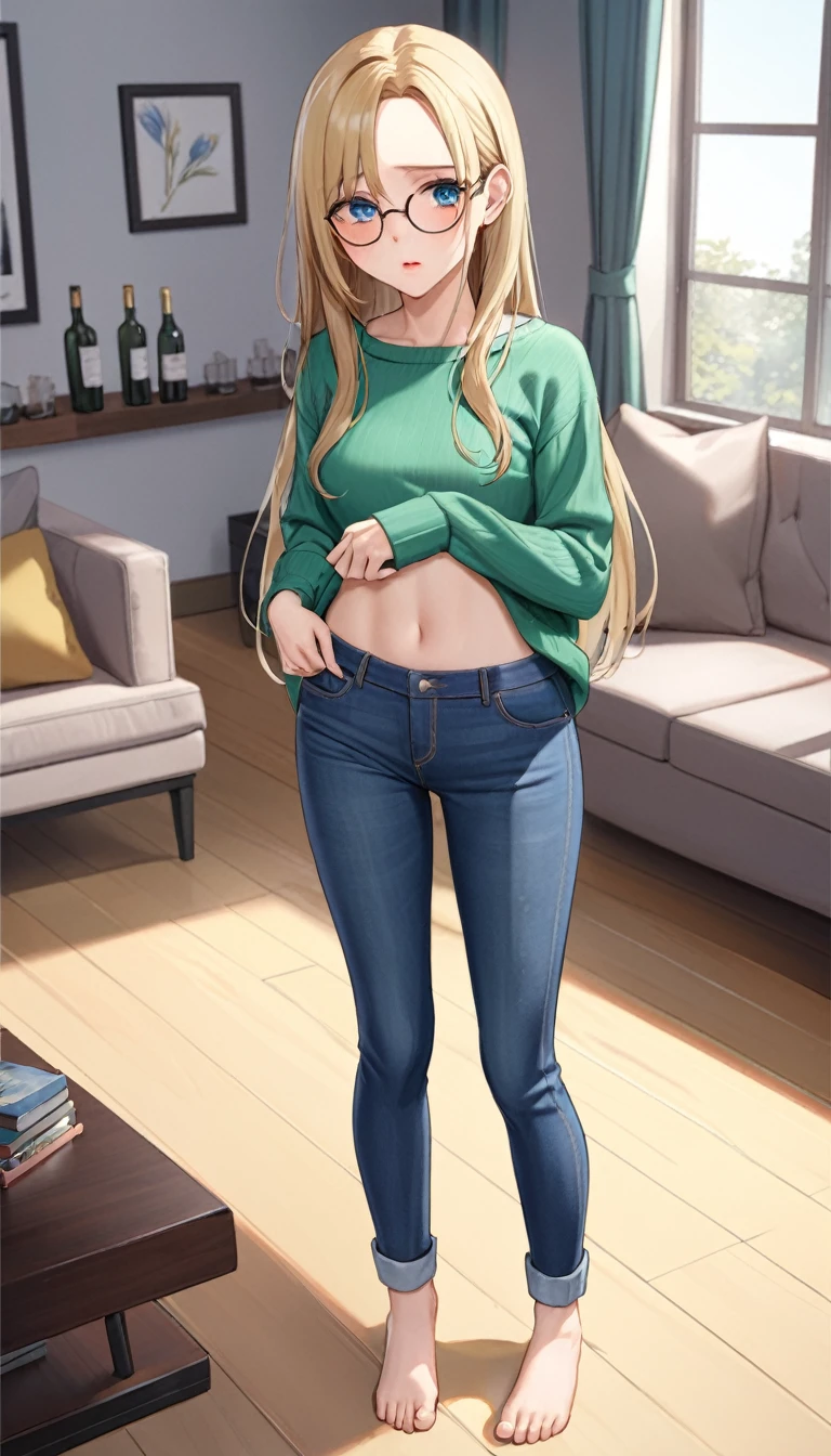 ((best quality, masterpiece:1.3, 8K)), (detailed), highly detailed face and skin texture, detailed eyes, living room, window, empty bottles, full body, (slender body:1.1), 1girl, 25 years old, white skin, blue eyes, reading glasses, bright lips, worried, embarrassed, blonde hair, straight hair, long hair, (forehead:1.0), green sweater, hard nipples, jeans pants, skinny jeans, blue jeans, barefoot, desperation:1.5,