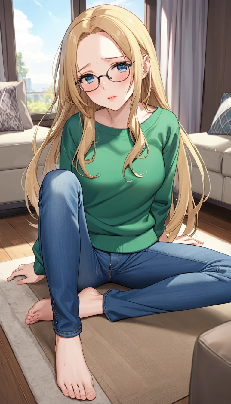 ((best quality, masterpiece:1.3, 8K)), (detailed), highly detailed face and skin texture, detailed eyes, living room, window, empty bottles, full body, (slender body:1.1), 1girl, 25 years old, white skin, blue eyes, reading glasses, bright lips, worried, embarrassed, blonde hair, straight hair, long hair, (forehead:1.0), green sweater, hard nipples, jeans pants, skinny jeans, blue jeans, barefoot, desperation:1.5,