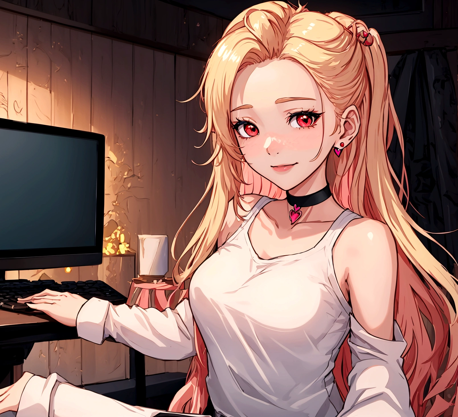 ((최고의 품질)), ((걸작)), (상세한), 여자 1명, Create an anime-style digital artwork of a character with long, straight, sleek blonde hair and bright red eyes. The character is wearing a white cardigan over a black tank top and dolphin shorts. She is accessorized with a pink heart pendant choker and long, decorative earrings. Her hair features a red heart hairpin on the side. The character is sitting in her room in front of a desktop computer, smiling warmly. The background should show a cozy room with soft lighting, with elements like a computer desk, monitor, and some personal items scattered around. The overall mood should be relaxed and inviting, capturing the essence of a casual day indoors.shiny forehead,slicked-back hair, forehead