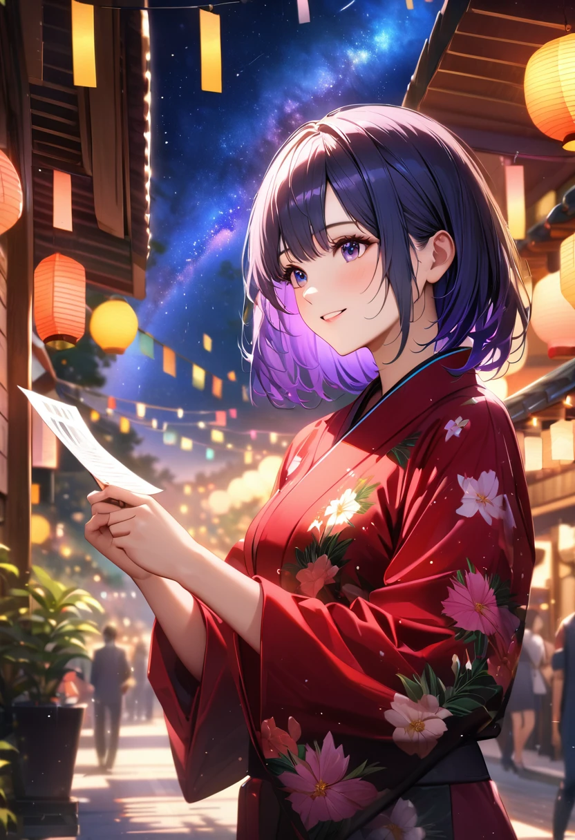 Tanabata,night, milky way,Yukata, Hold a paper strip in one hand,Looking at the sky,Blur the background,high school girl,smile,Glitter effect,Highest quality, 8K, High resolution, masterpiece:1.2, Very detailed, Realistic:1.37, High resolution, 超High resolution, Ultra-fine painting, Very detailed, Professional, Vibrant colors