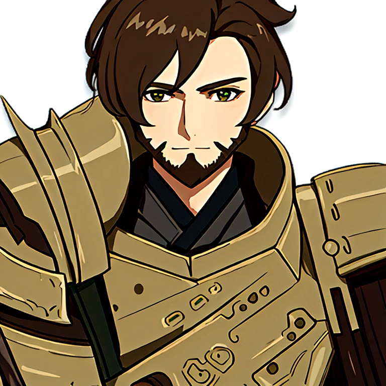 masterpiece, best quality, simple background, portrait, solo, 1man, 30 years old, short brown beard, light green-brown armor, short brown hair, knight