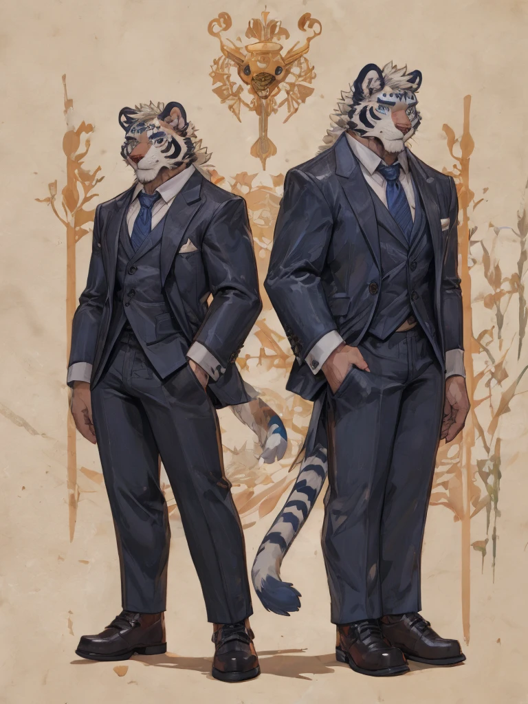{{bara extremely handsome white tiger,}} {{white fur,}} white, wearing elegant ornate suit jacket, trousers, white dress shirt and necktie, white fluffy furry body and limbs, loafers, very tall, very broad shoulders, narrow waist, muscular arms, massive pecs, purple eyes, very long legs, massive bulge, sophisticated hot look, full body, 3/4 view, best quality, high quality, silver earring on left ear, sultry smirk, multiple views, character sheet