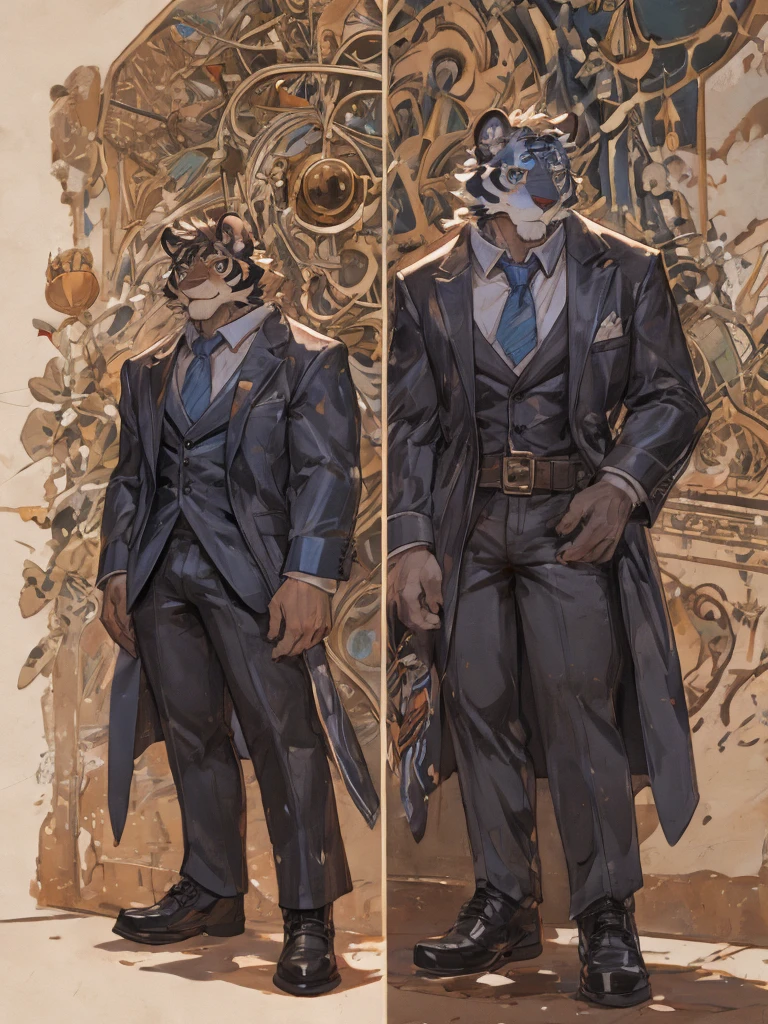 {{bara extremely handsome white tiger,}} {{white fur,}} white, wearing elegant ornate suit jacket, trousers, white dress shirt and necktie, white fluffy furry body and limbs, loafers, very tall, very broad shoulders, narrow waist, muscular arms, massive pecs, purple eyes, very long legs, massive bulge, sophisticated hot look, full body, 3/4 view, best quality, high quality, silver earring on left ear, sultry smirk, multiple views, character sheet