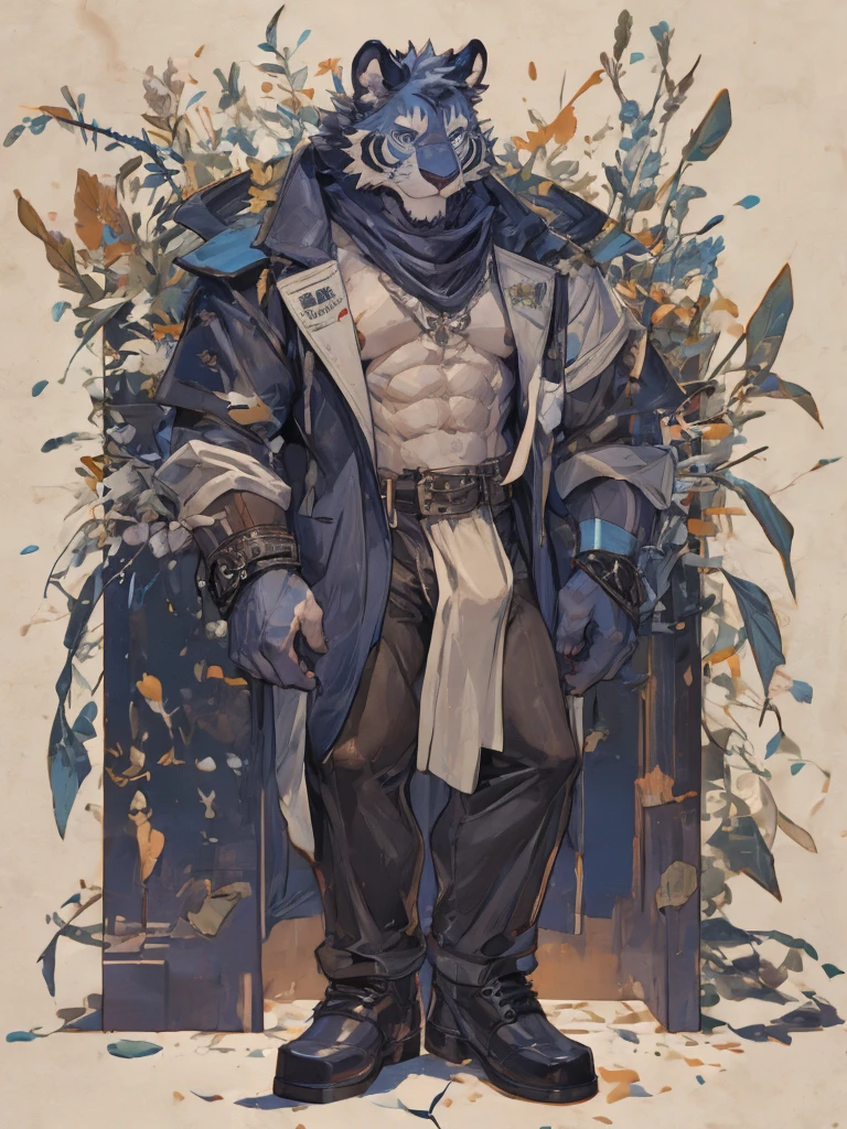 {{bara extremely handsome white tiger,}} {{white fur,}} white, wearing elegant ornate suit jacket, trousers, white dress shirt and necktie, white fluffy furry body and limbs, loafers, very tall, very broad shoulders, narrow waist, muscular arms, massive pecs, purple eyes, very long legs, massive bulge, sophisticated hot look, full body, 3/4 view, best quality, high quality, silver earring on left ear, sultry smirk, multiple views, character sheet