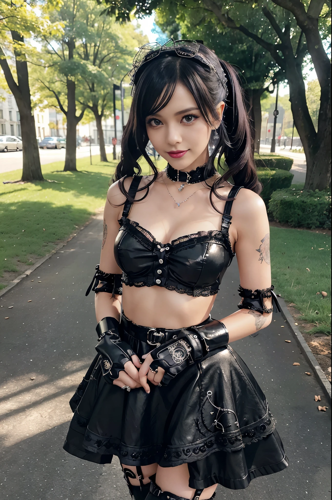 sexy stylish female model, only 1 female, ((doll-like appearance)), long stylish hair, ((shiny Punk-Style boots)), (happy smile), ultra detailed eyes, long lashes, metallic makeup, lip-gloss, ((sexy Punk Lolita cosplay)), unconventional skirt, petticoats, high neckline, ((ultra detailed lace)), ((ultra detailed embroidery)), intricate details, tartan patterns, safety pins, Punk Lolita accessoires, short black gloves, Punk Lolita choker, ((large sparkling Punk Lolita jewelry)), cinematic light, detailed sunny large park background with trees