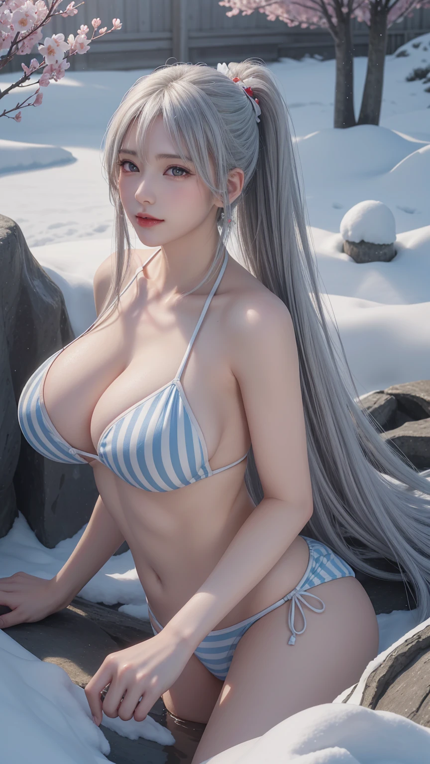 ((Huge breasts)),((Striped bikini,Swimsuit,swimming pool)),((masterpiece,wonderful, 最high quality, Photorealistic and Very detailed CG integrated 8k wallpaper, high quality, Very detailed, Narrative Poems, Particle Effects, dynamic effect, Writing border depth, light, lens flare, Ray Tracing, Anatomically accurate)), fantasy, 1 beautiful woman, ((White hair,Ponytail)), Clear eyes, Long hair, Pretty Face, serious, Dense and beautiful eyes, (Cherry blossoms,Peach Blossom,Cherry blossoms树),Beautiful skin,((Long hairが风でなびく, Long hairが跳ねる, Long hairが风で踊る)), hair jump, Jewelry, Silver earrings,Snow Mountainの中で, Snow Scene, Snow Mountain, Snow Makeup, Snow frost, Snow Mountain々, The beauty and splendor of frost trees, The tranquility and beauty of the snow world