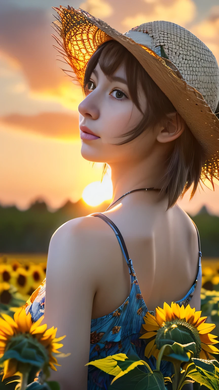 (Highly detailed CG Unity 16k wallpaper:1.1), (Noise reduction strength: 1.45), (tTabletop:1.37), ((A girl in a straw hat looking back in a sunflower field), (Best lighting, Best Shadow, Very delicate and beautiful), The girl in the center of the picture, Small breasts, ((Sunflowers with ultimate detail)), Beautifully detailed skies, Perfect body, (Beautifully detailed face), Very delicate and beautiful女の子, Sunflower fields at sunset, sunset, Black Hair, Beautifully detailed clouds, (((Highly detailed CG Unity 8k wallpaper, Ultra-, God's Rays, Spark of Light, Shining Light, Tabletop, Highest quality
