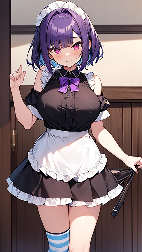 最high quality, high quality, Super detailed, 32k, Ultra-detailed details, , {{The succubus maid has the face of my sister}}, (only, Standing, pretty girl, beautiful purple hair, short hair, Beautiful RED eyes, mature, Big Breasts, A light smile, Off-the-shoulder sleeveless Summer cute maid outfit, Summer casual maid clothes, Short skirt, Blue and white color striped underwear, Black knee socks, loafers, She&#39;s holding 大きく up her skirt with both hands to show her underwear, 18-year-old,cute), A maid who moves her body vigorously without caring if her breasts bounce, Super detailed, indoor, maid Cafe, Full body image, ((Head to Toe:1.3)), NSFW
