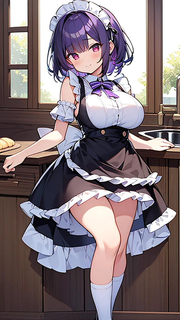 最high quality, high quality, Super detailed, 32k, Ultra-detailed details, , {{The succubus maid has the face of my sister}}, (only, Standing, pretty girl, beautiful purple hair, short hair, Beautiful RED eyes, mature, Big Breasts, A light smile, Off-the-shoulder sleeveless Summer cute maid outfit, Summer casual maid clothes, Short skirt, Blue and white color striped underwear, Black knee socks, loafers, She&#39;s holding 大きく up her skirt with both hands to show her underwear, 18-year-old,cute), A maid who moves her body vigorously without caring if her breasts bounce, Super detailed, indoor, maid Cafe, Full body image, ((Head to Toe:1.3)), NSFW