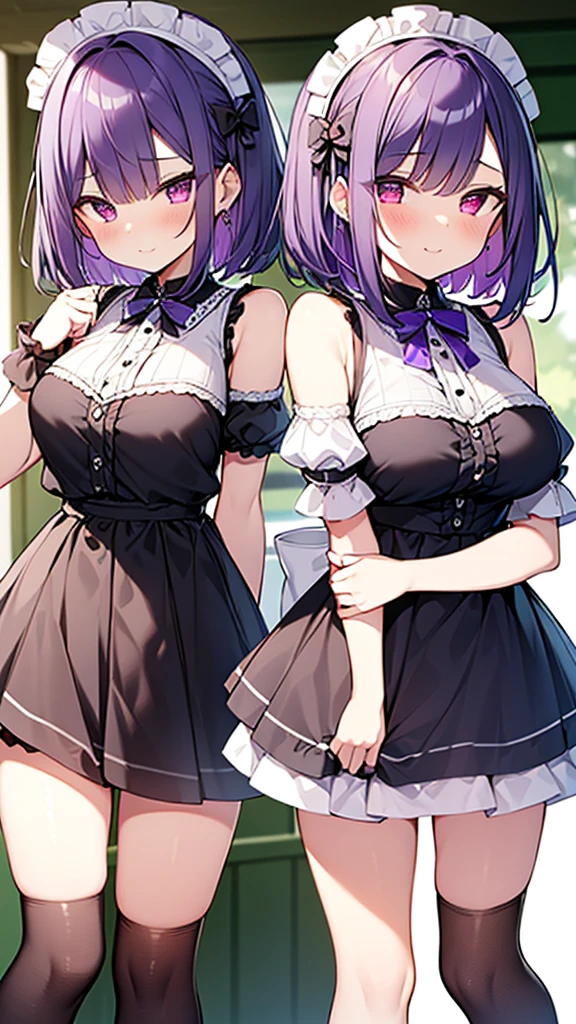 最high quality, high quality, Super detailed, 32k, Ultra-detailed details, , {{The succubus maid has the face of my sister}}, (only, Standing, pretty girl, beautiful purple hair, short hair, Beautiful RED eyes, mature, Big Breasts, A light smile, Off-the-shoulder sleeveless Summer cute maid outfit, Summer casual maid clothes, Short skirt, Blue and white color striped underwear, Black knee socks, loafers, She&#39;s holding 大きく up her skirt with both hands to show her underwear, 18-year-old,cute), A maid who moves her body vigorously without caring if her breasts bounce, Super detailed, indoor, maid Cafe, Full body image, ((Head to Toe:1.3)), NSFW