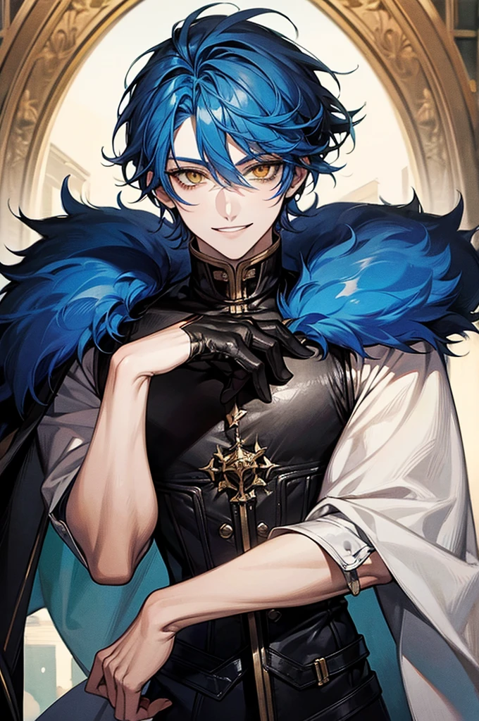 masterpiece, alone, 1 male, short hair, Blue Hair, Yellow Eyes, Black Leather, fur, Smile Facial