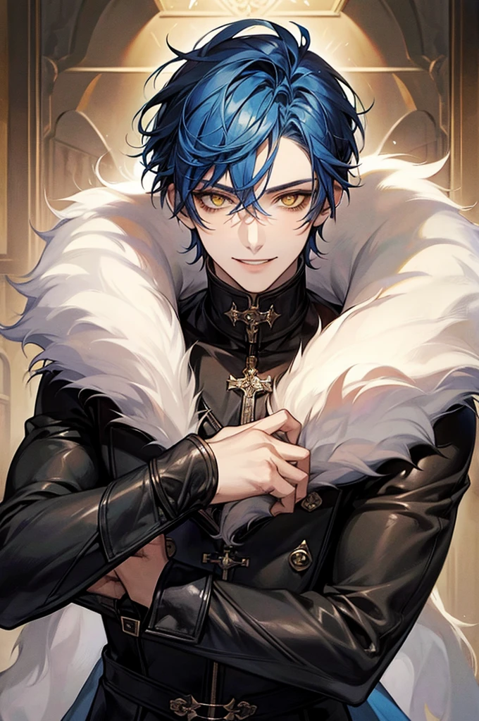 masterpiece, alone, 1 male, short hair, Blue Hair, Yellow Eyes, Black Leather, fur, Smile Facial