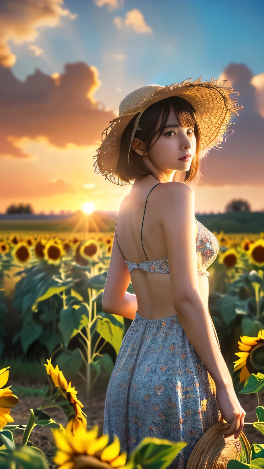 (Highly detailed CG Unity 16k wallpaper:1.1), (Noise reduction strength: 1.45), (tTabletop:1.37), ((A girl in a straw hat looking back in a sunflower field), (Best lighting, Best Shadow, Very delicate and beautiful), The girl in the center of the picture, Small breasts, ((Sunflowers with ultimate detail)), Beautifully detailed skies, Perfect body, (Beautifully detailed face), Very delicate and beautiful女の子, Sunflower fields at sunset, sunset, Black Hair, Beautifully detailed clouds, (((Highly detailed CG Unity 8k wallpaper, Ultra-, God's Rays, Spark of Light, Shining Light, Tabletop, Highest quality