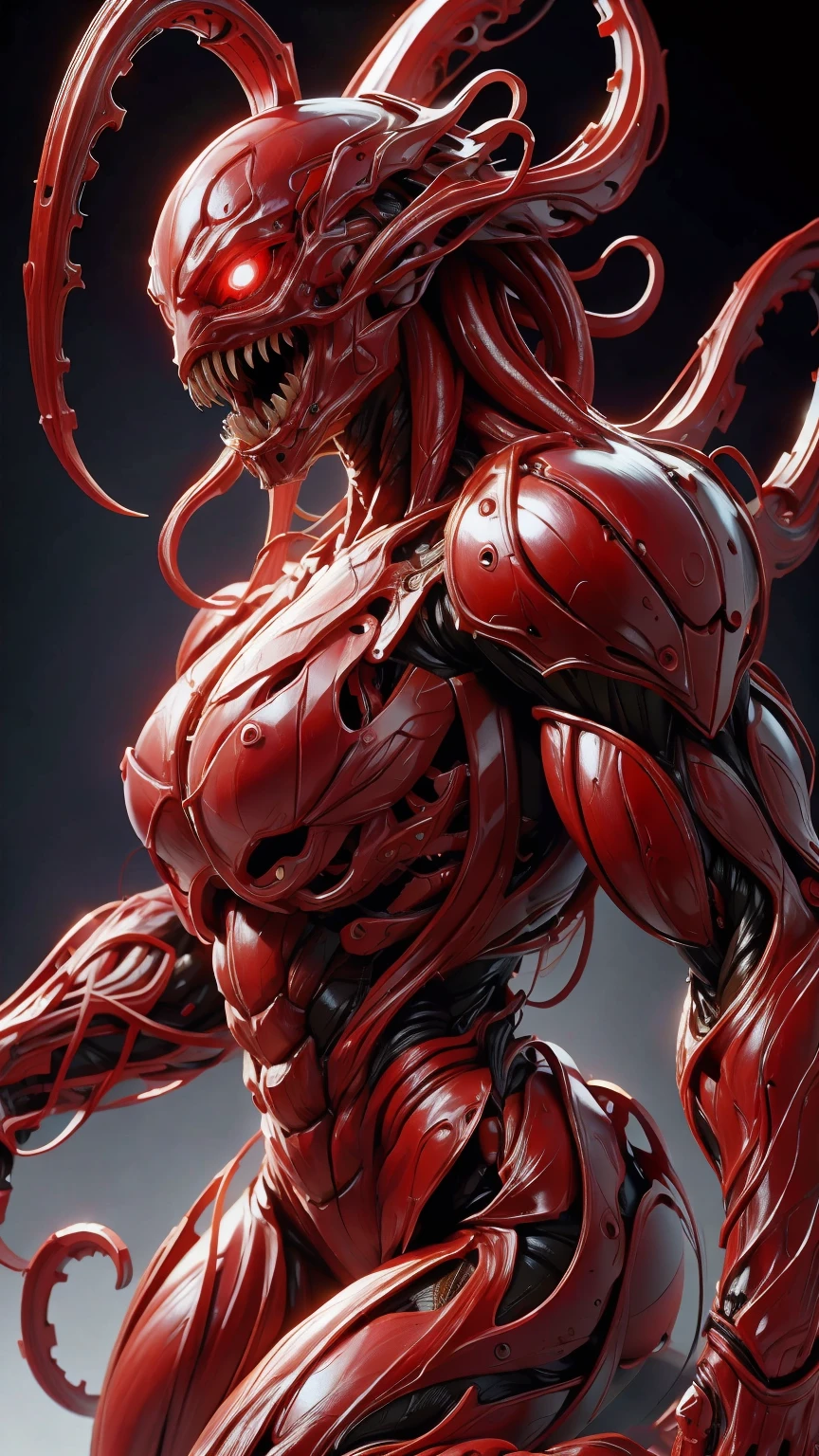 a photo-realistic portrait of Megan fox as armored carnage, (solo:1.0), (red carnage skinless muscular bio-mecha armor:1.25), (mouth wide open, carnage style:1.25), (full body view:1.25), Realistic, Very detailed face and eyes, (masterpiece:1.1), (beautiful girl face:1.45)