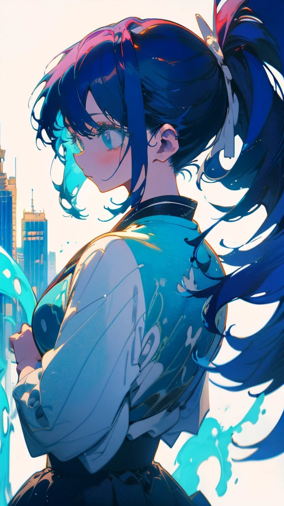 Blue-haired side ponytail,Design clothing,Seven-doppelganger shot,Anime style 4K,Anime girl with teal hair,High quality anime art style,Standing painting,Splash ink background,Blue Themes、Pure white background,Buildings,Face close-up,Buildings,Moon and sun、Green Mountain々