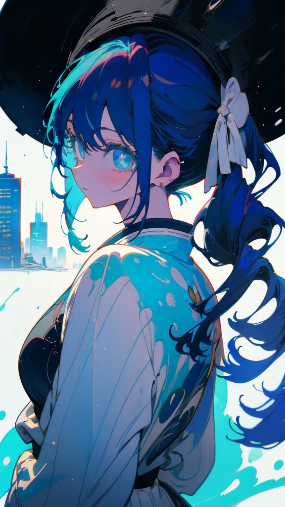 Blue-haired side ponytail,Design clothing,Seven-doppelganger shot,Anime style 4K,Anime girl with teal hair,High quality anime art style,Standing painting,Splash ink background,Blue Themes、Pure white background,Buildings,Face close-up,Buildings,Moon and sun、Green Mountain々
