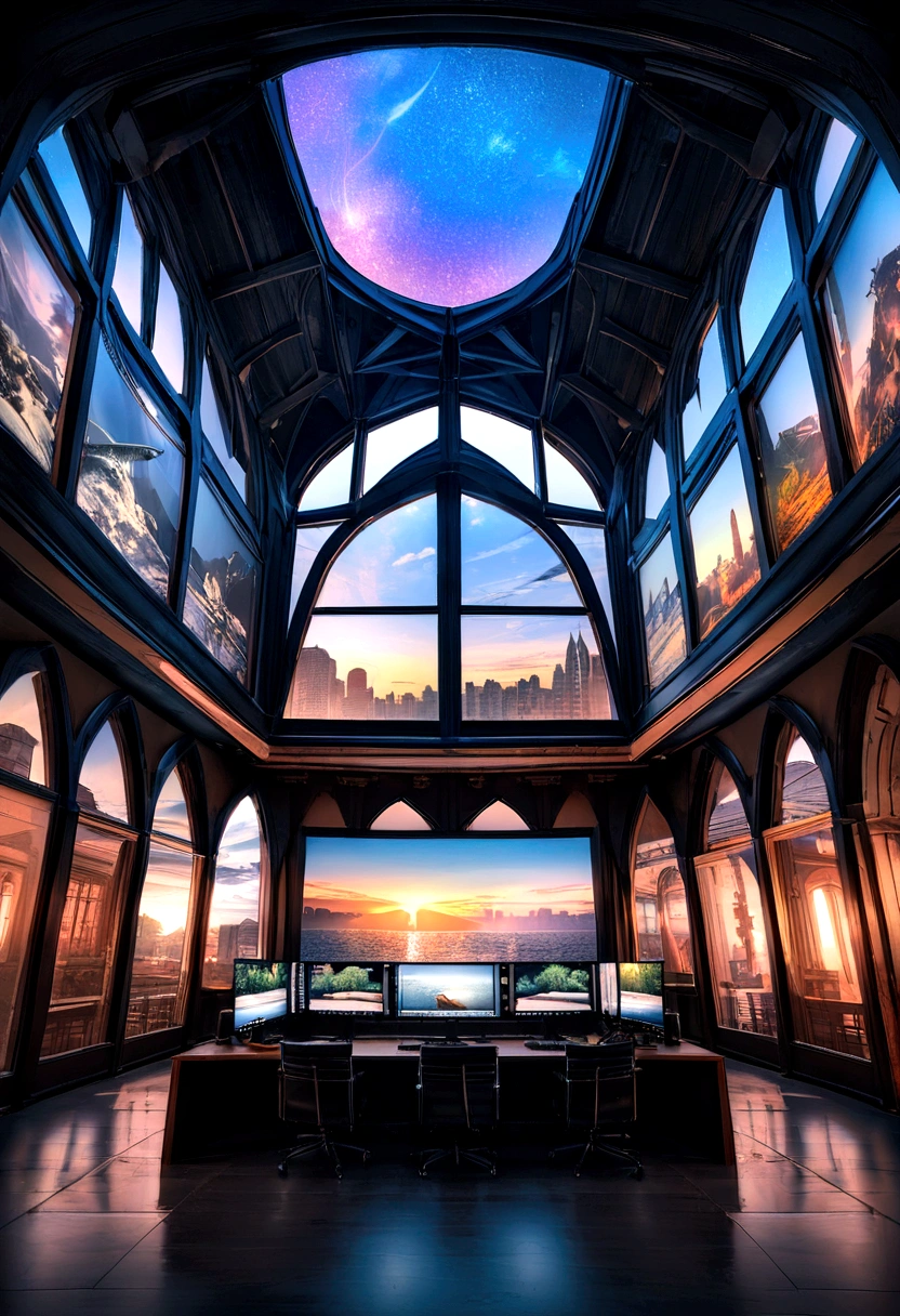 office,Посреди officeа есть стена,The picture is on the wall in the middle., Paintings on the walls, Celestial Landscape, Large spacious windows, Zaha Hadid and Santiago Calatrava landscape-panoramic style, Fish, clear light, edge lighting, perfect image, Building resume style, 16 thousand. ue5. Ultra slim, 8 k, HDR, product photography, depth of field, Nikon D850, Ultra realistic, no contrast, pure sharp focus, professional, There is no blur