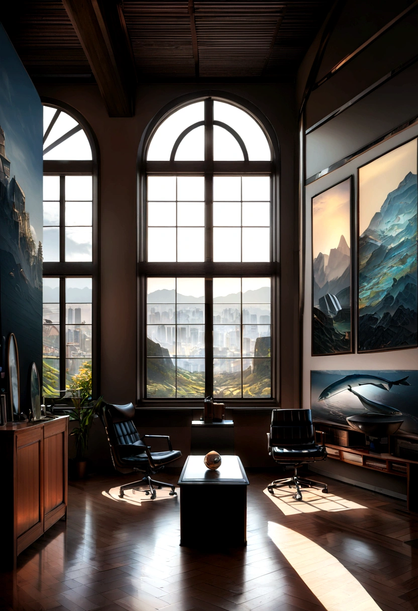 office，Посреди officeа есть стена,The picture is on the wall in the middle., Paintings on the walls, Celestial Landscape, Large spacious windows, Zaha Hadid and Santiago Calatrava landscape-panoramic style, Fish, clear light, edge lighting, perfect image, Building resume style, 16 thousand. ue5. Ultra slim, 8 k, HDR, product photography, depth of field, Nikon D850, Ultra realistic, no contrast, pure sharp focus, professional, There is no blur